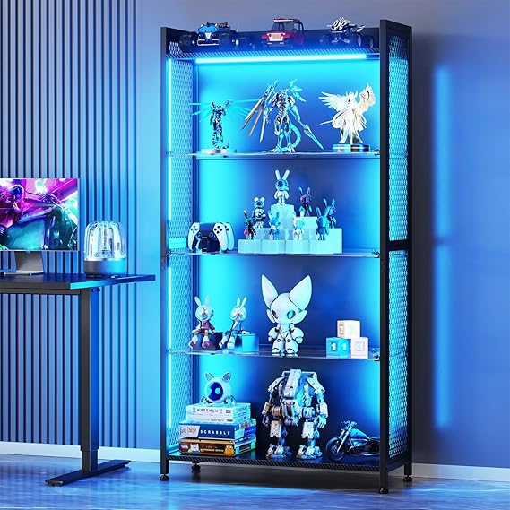 4-Tier Display Cabinet with LED Lights and Glass Shelves