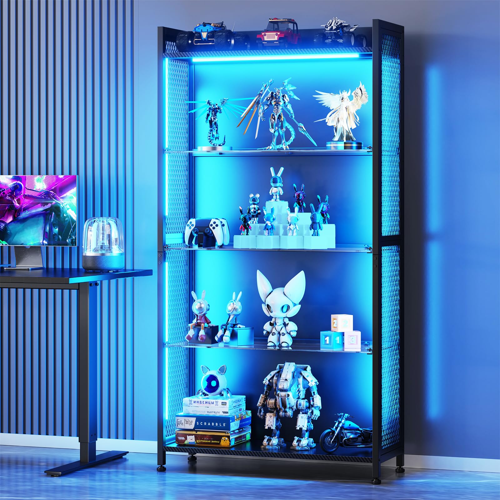 4-Tier Display Cabinet with LED Lights and Glass Shelves