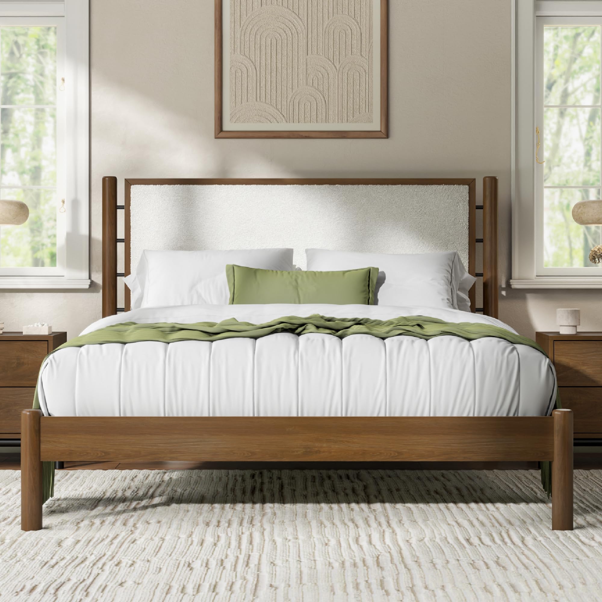 Queen Solid Wood Bed Frame with Upholstered Boucle Headboard