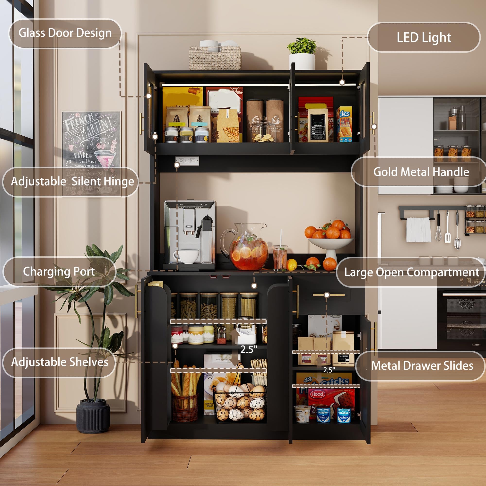 Kitchen Pantry Cabinet with LED Lighting
