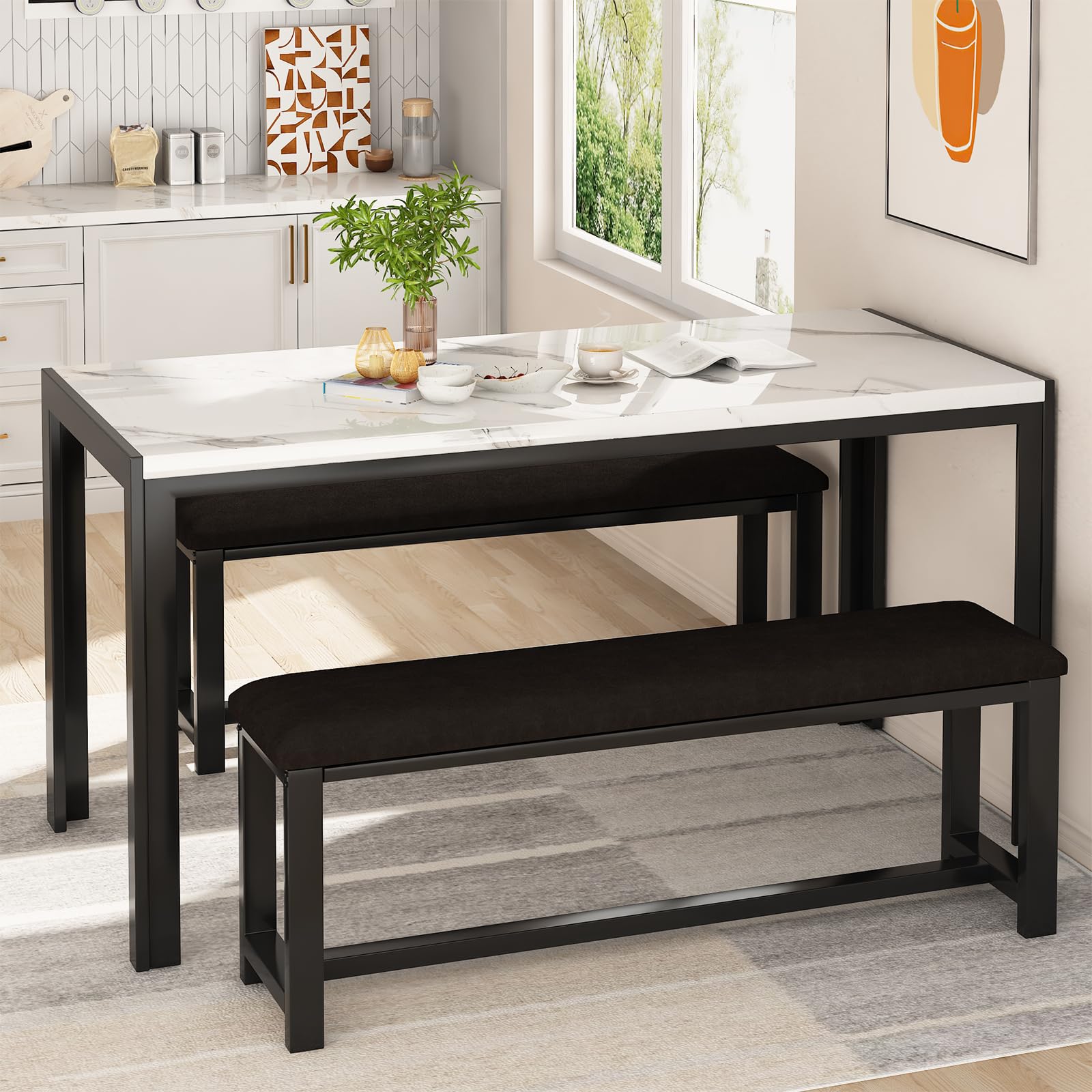 DKLGG Dining Table Set for 4, Kitchen Table with 2 PU Leather Upholstered Bench, Faux Marble Dining Room Table with Bench for Small Space