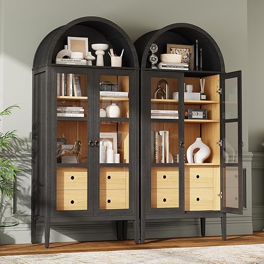 Tall Arched Storage Cabinet with Glass Doors