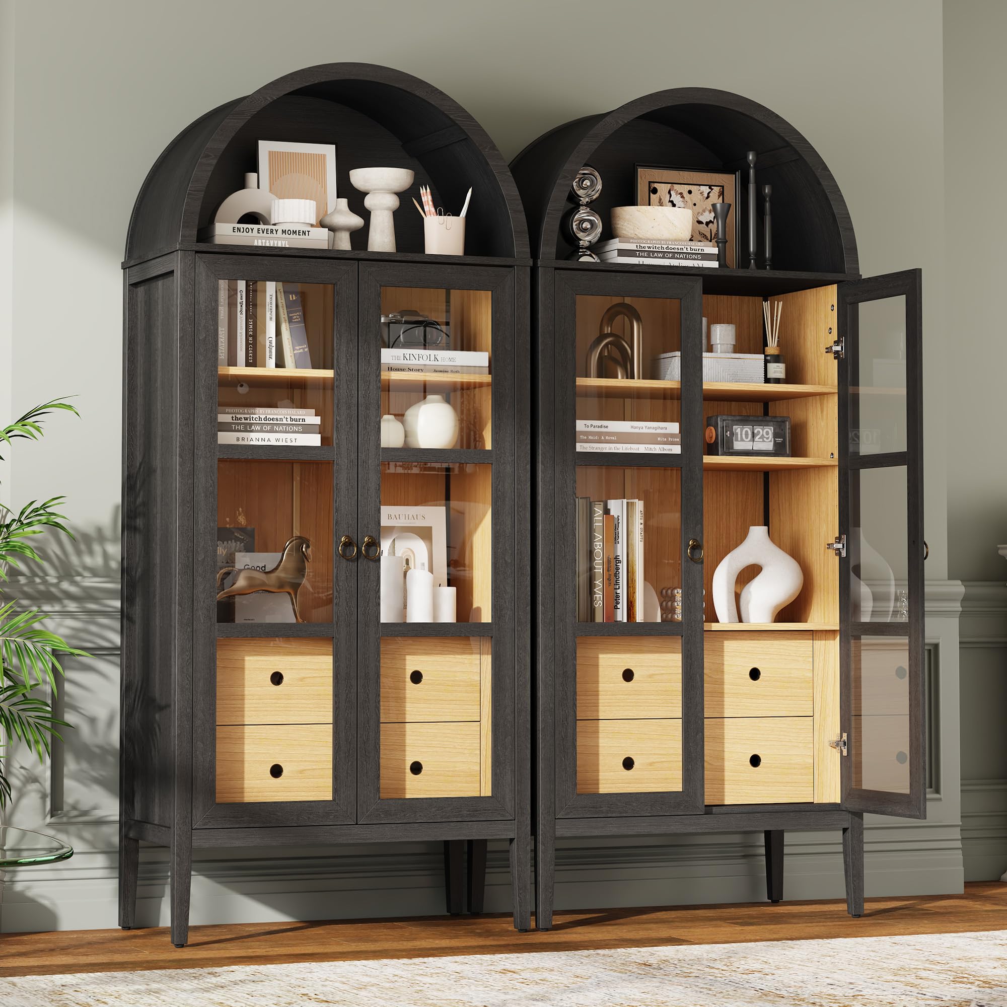 Tall Arched Storage Cabinet with Glass Doors