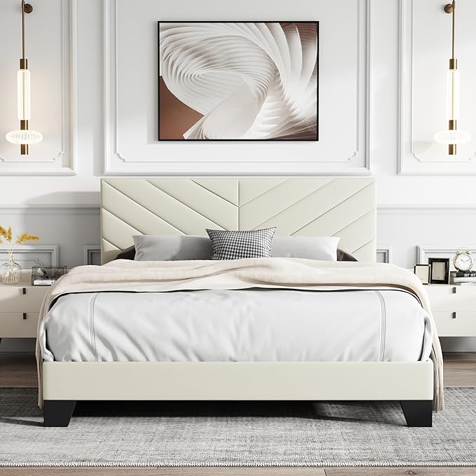 Queen Platform Bed Frame with Upholstered Headboard