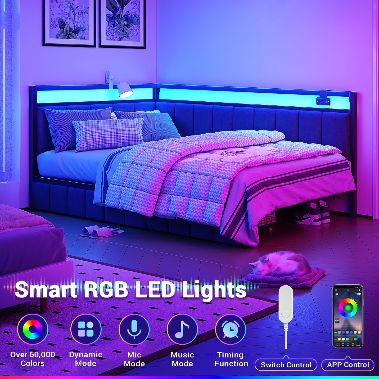 Corner Bed Frame with Storage Drawers and LED Light