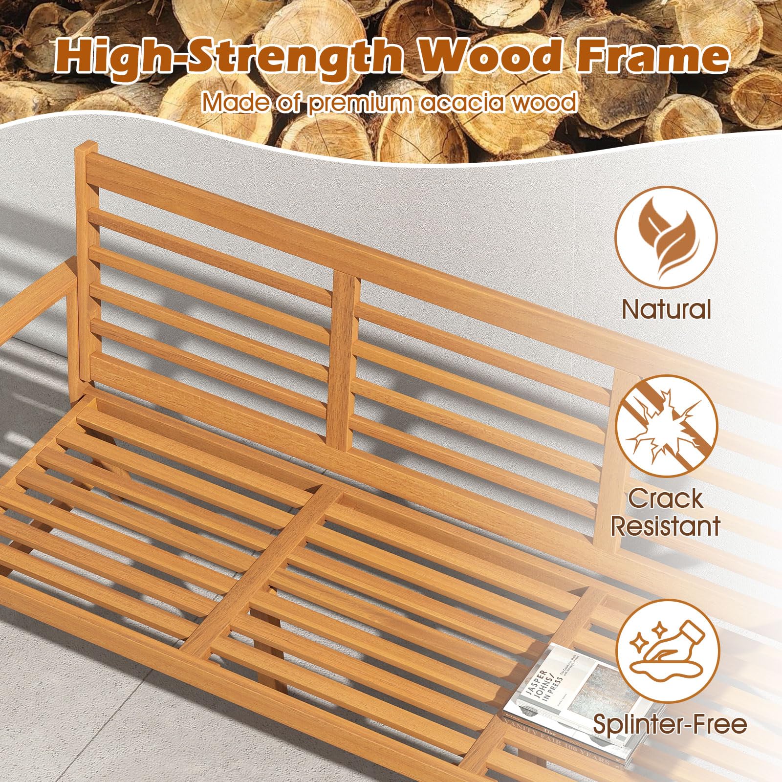 3-Seat Acacia Wood Outdoor Bench with Cushion