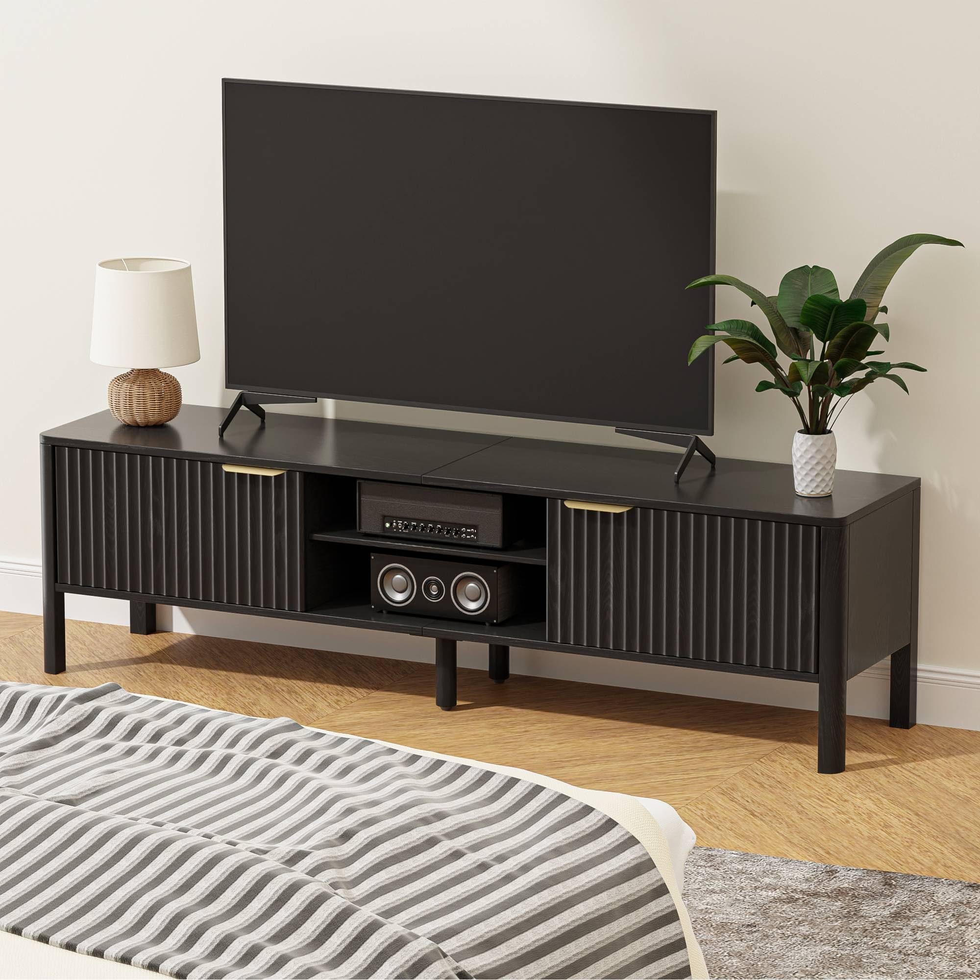 Mid Century Modern TV Stand with Fluted Door Storage