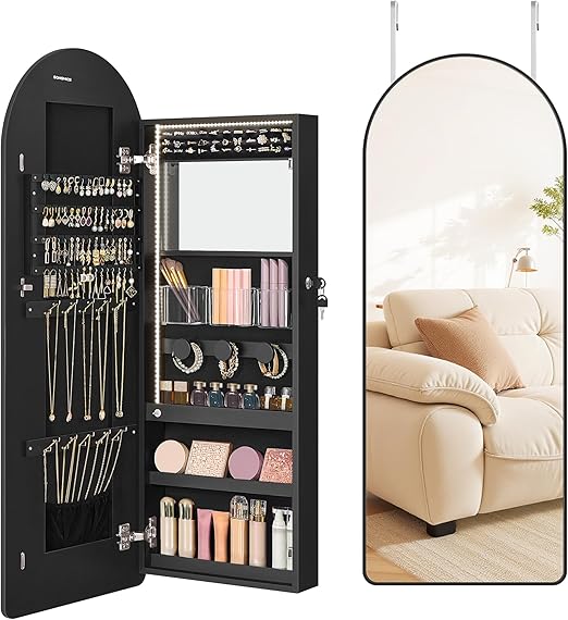 Wide LED Jewelry Cabinet with Arched Mirror