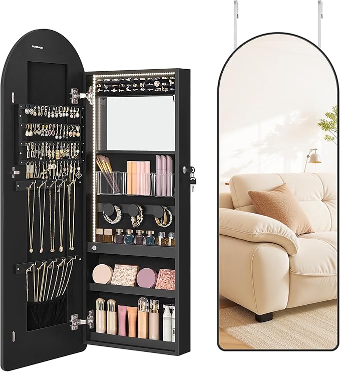 Wide LED Jewelry Cabinet with Arched Mirror