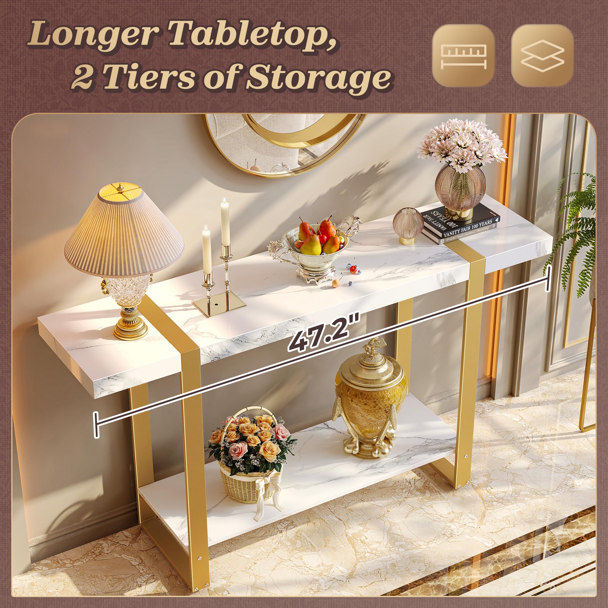 47.2 Inch Marble Top Console Table with Storage
