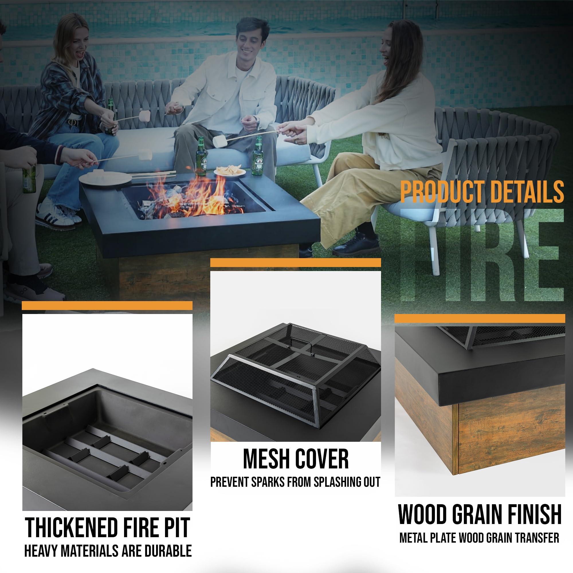36" Square Wood Burning Fire Pit with Mesh Cover