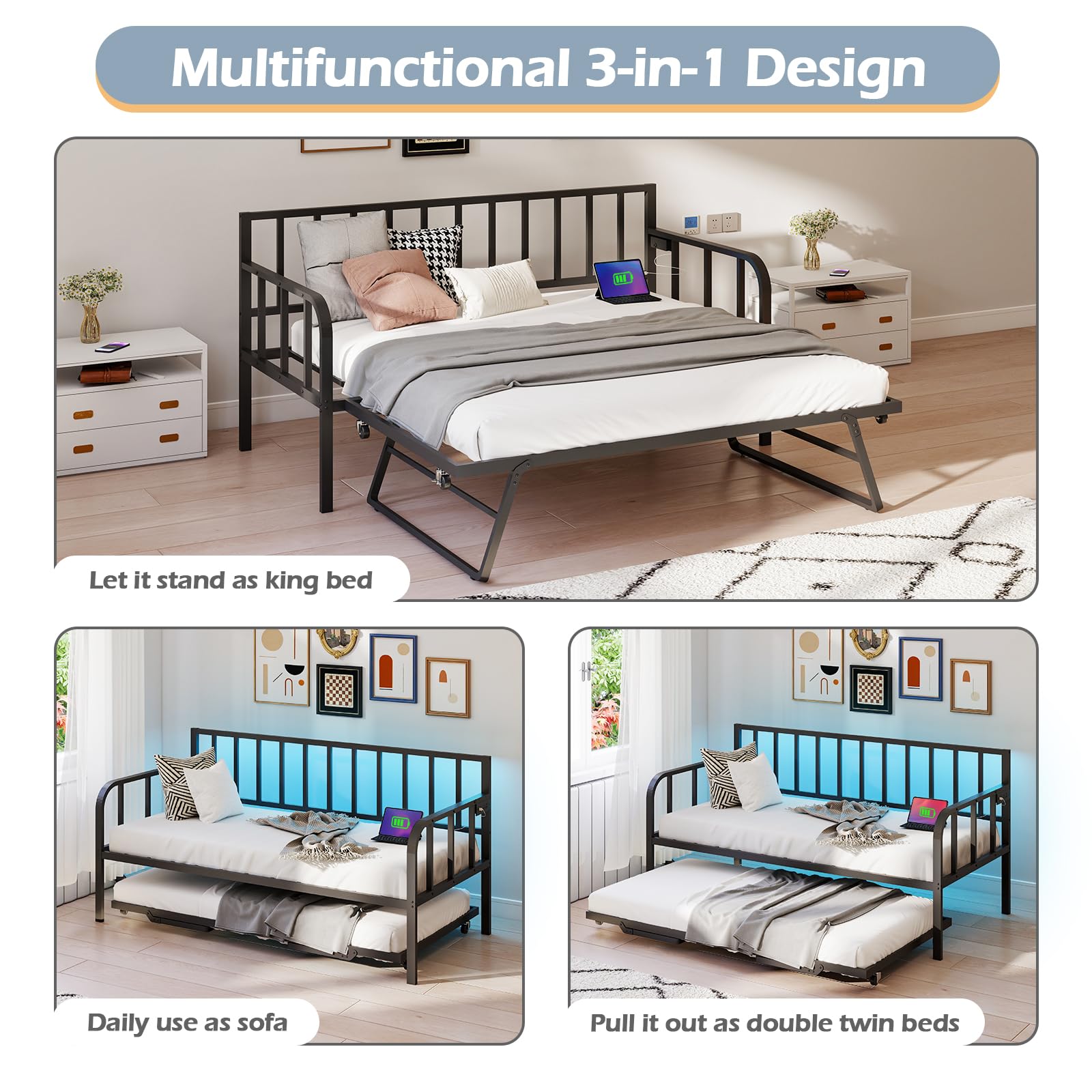Daybed with Trundle and LED Lights