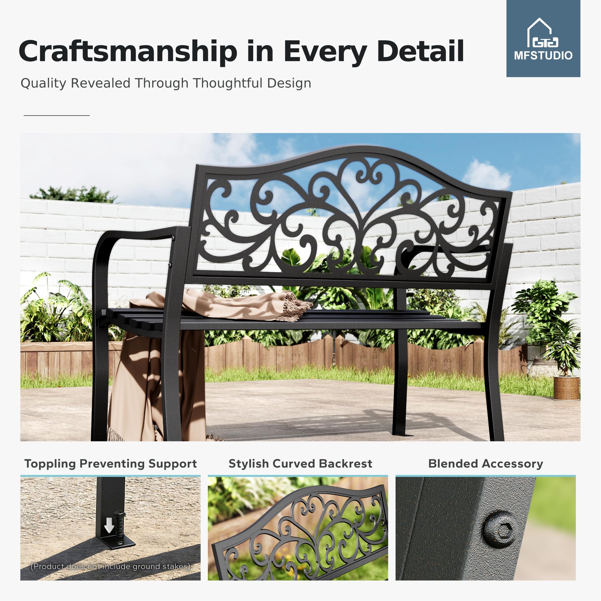 Cast Iron Outdoor Garden Bench with Floral Pattern