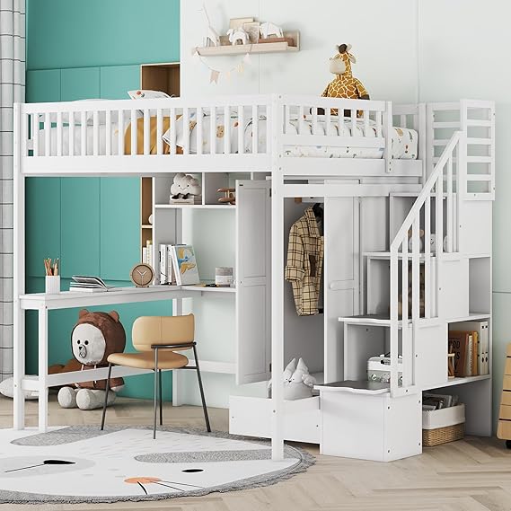 Full Size Loft Bed with Stairway, Wardrobe, Desk and Drawers