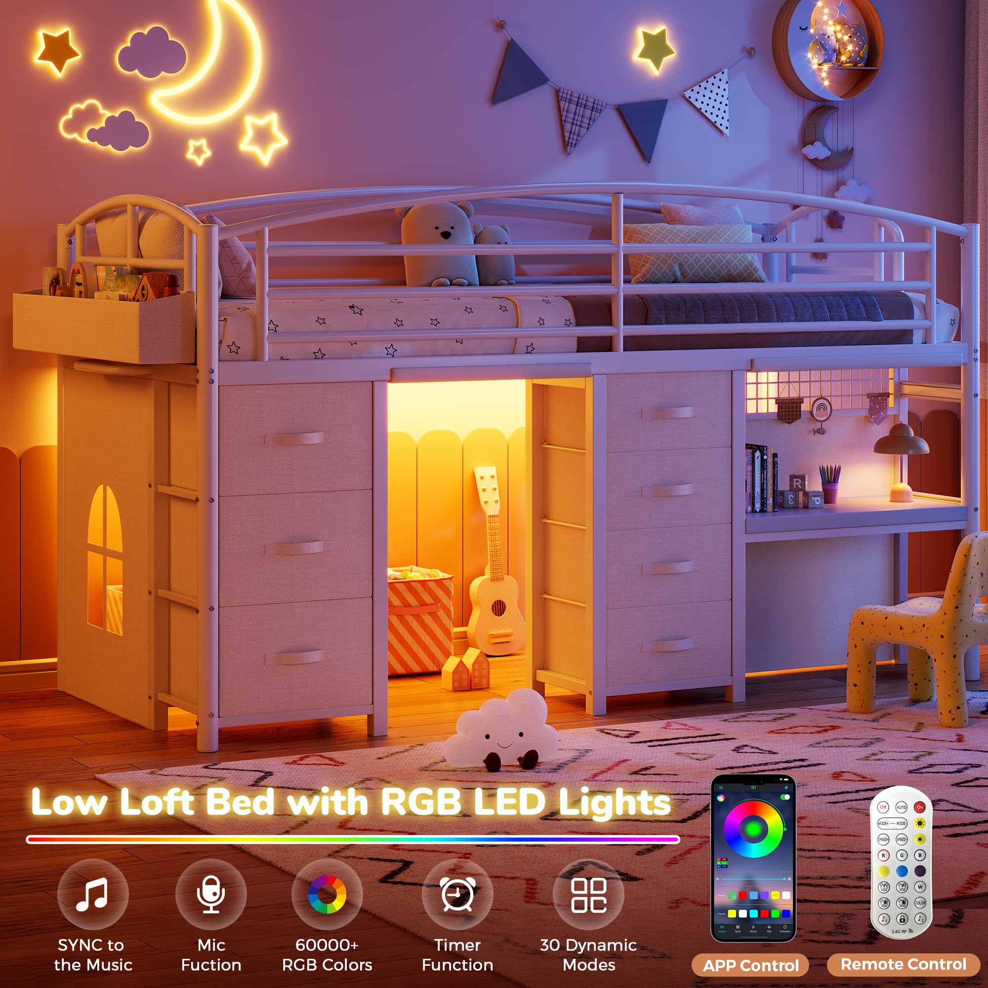 Twin Loft Bed with 7 Storage Drawers Desk and LED Lights