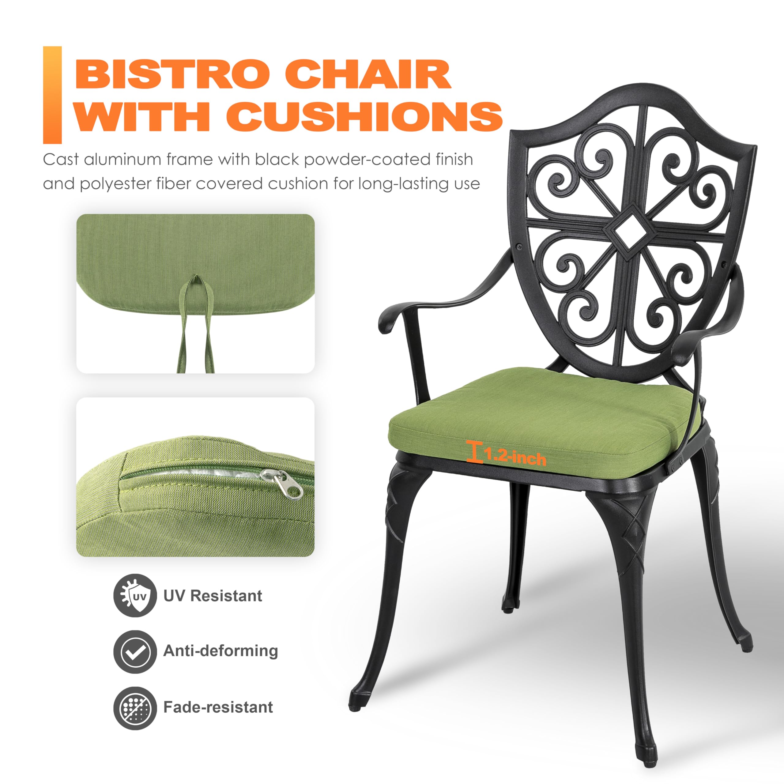 3-Piece Cast Aluminum Bistro Set with Cushions