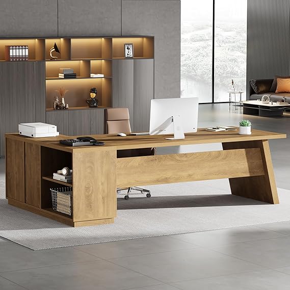 78-Inch L-Shaped Executive Desk with Drawers and File Cabinet