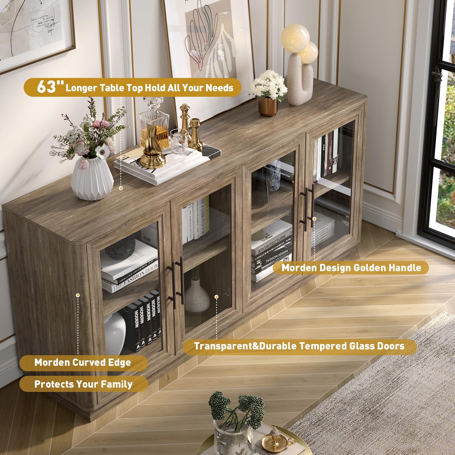 63" Buffet Cabinet with Glass Doors