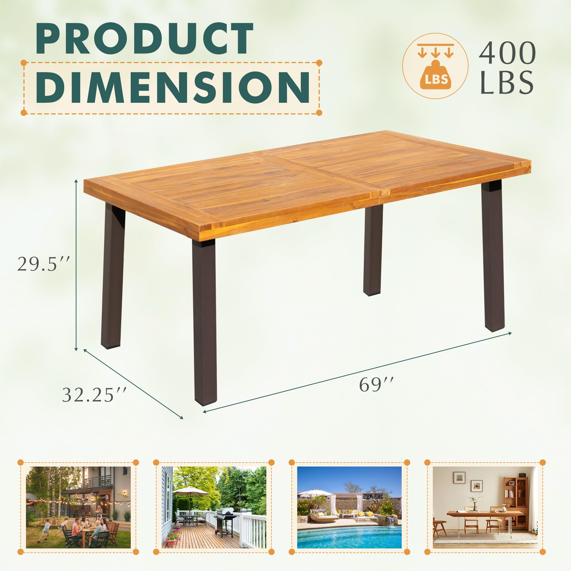 Acacia Wood Dining Table for 6 with Iron Legs