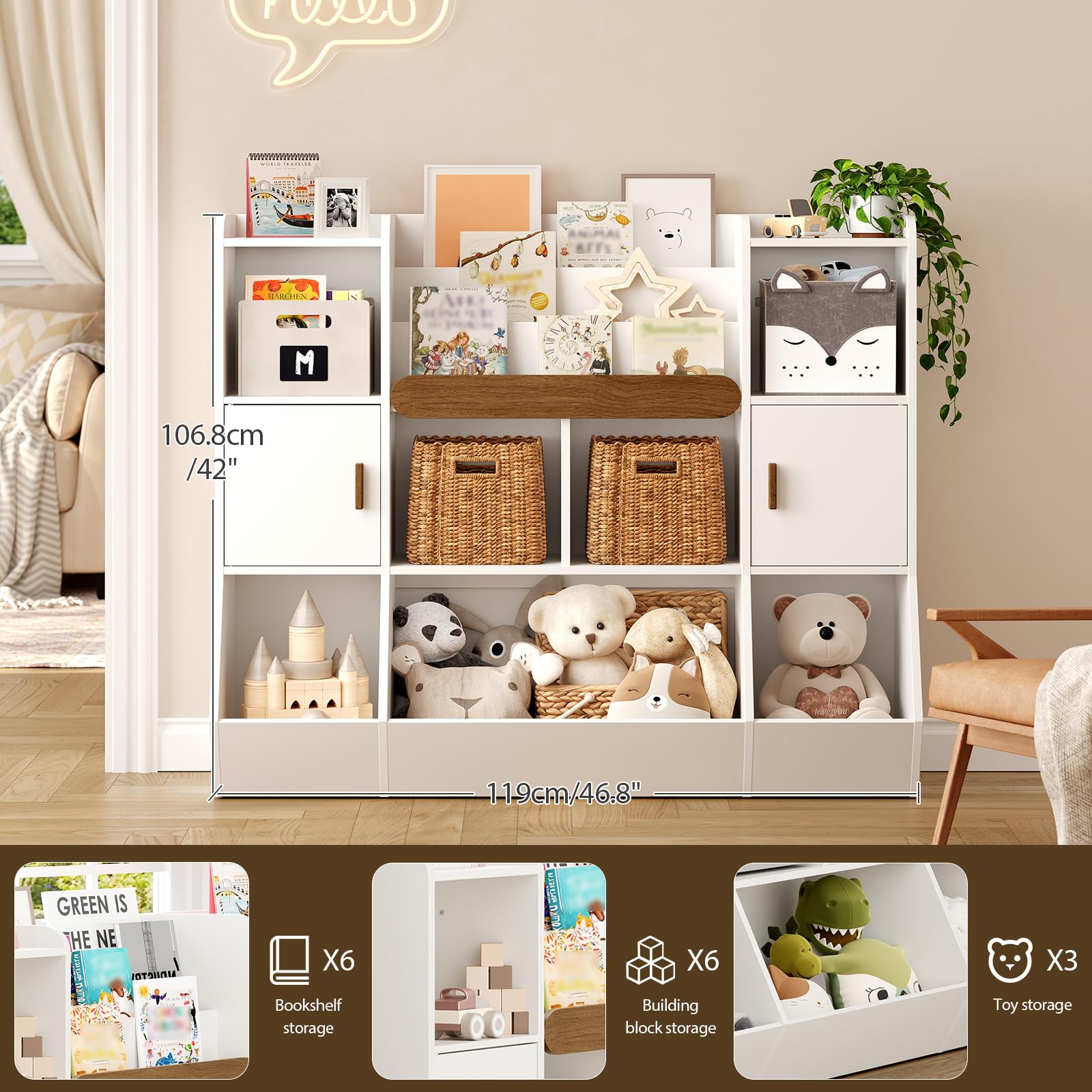 Kids Toy Storage Organizer with 3-Tier Bookshelf