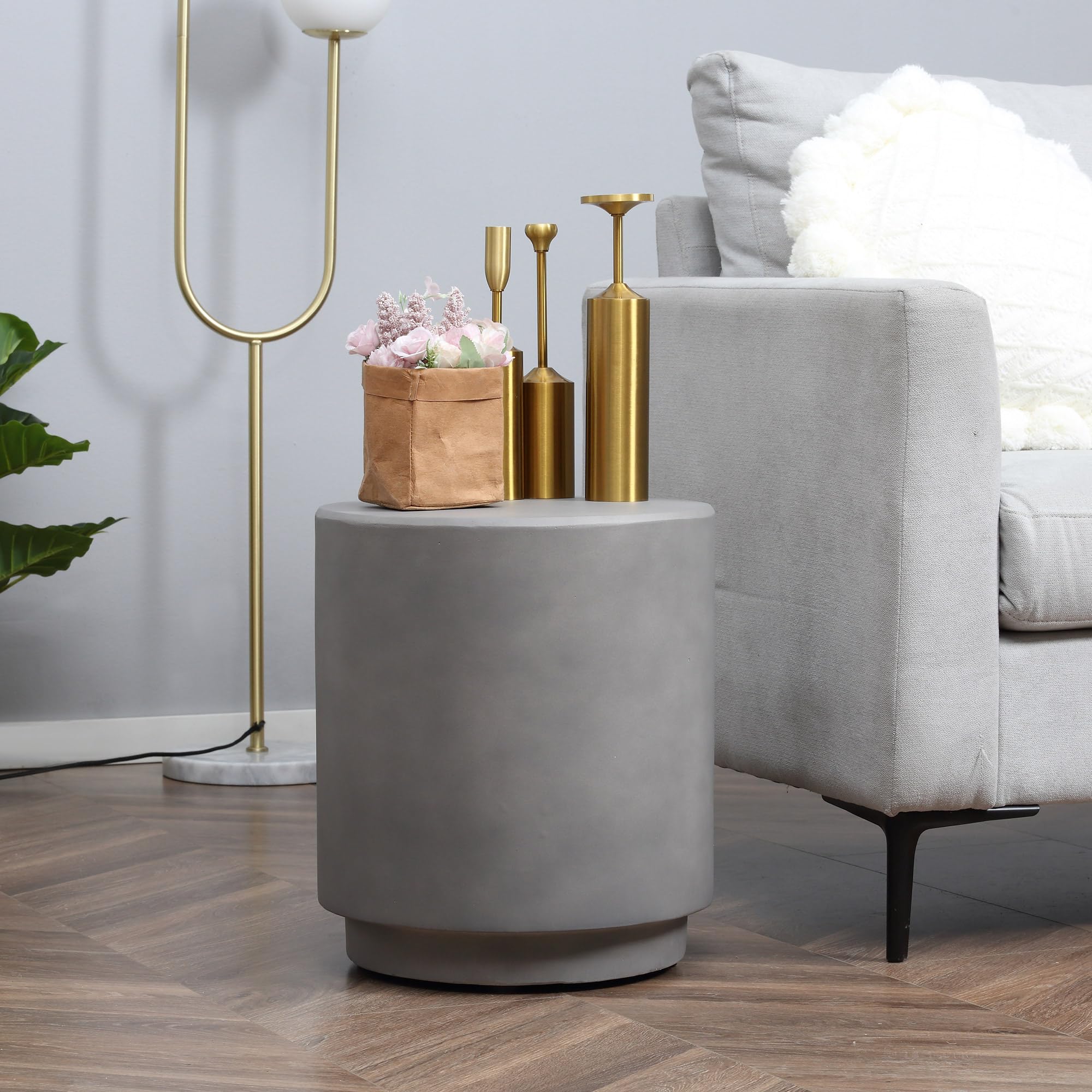 Outdoor Side Table Round Concrete Finish Light Gray