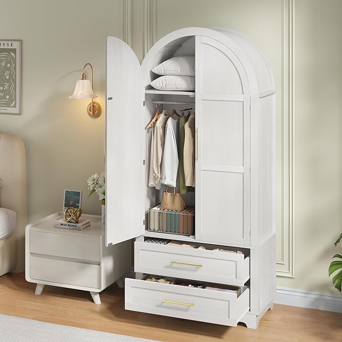 Modern Wardrobe Closet with 2 Drawers and Arched Doors