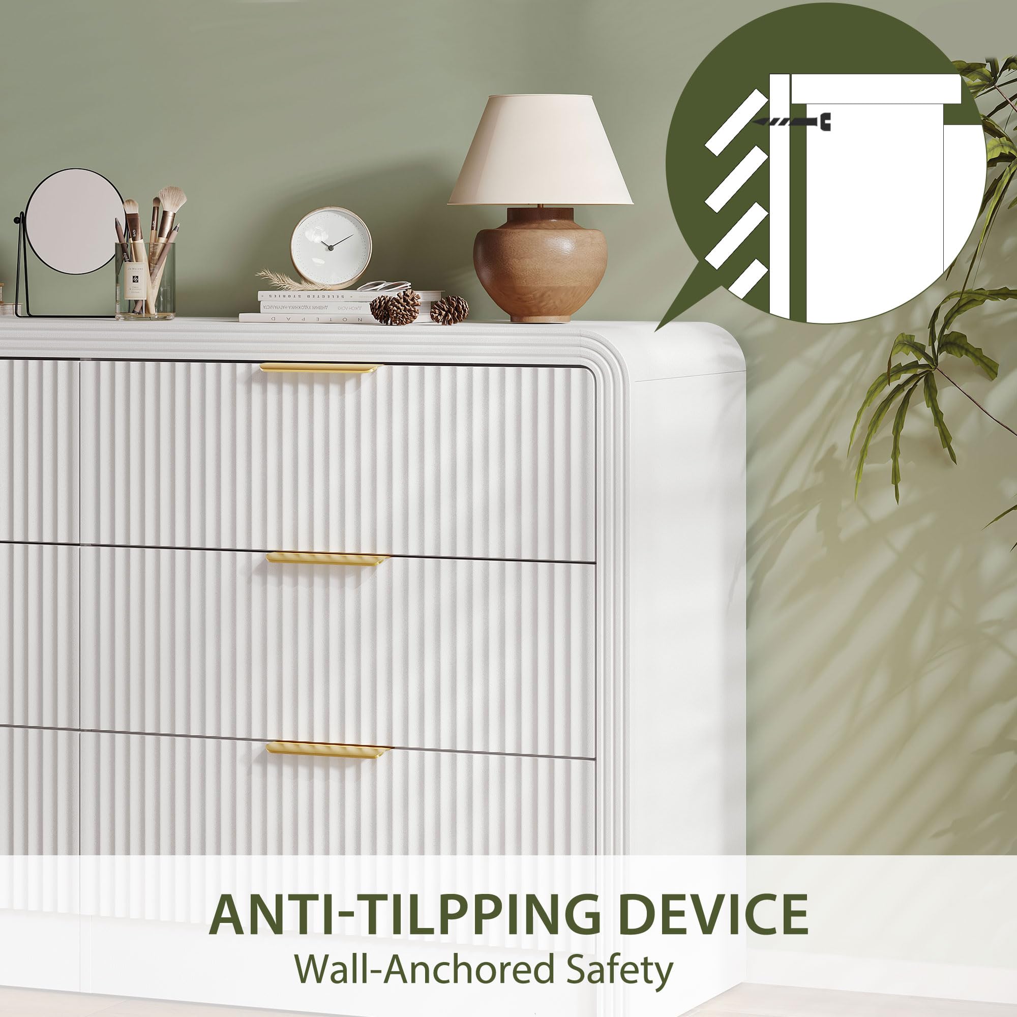 6-Drawer Fluted Dresser with Gold Handles - 55 Inch
