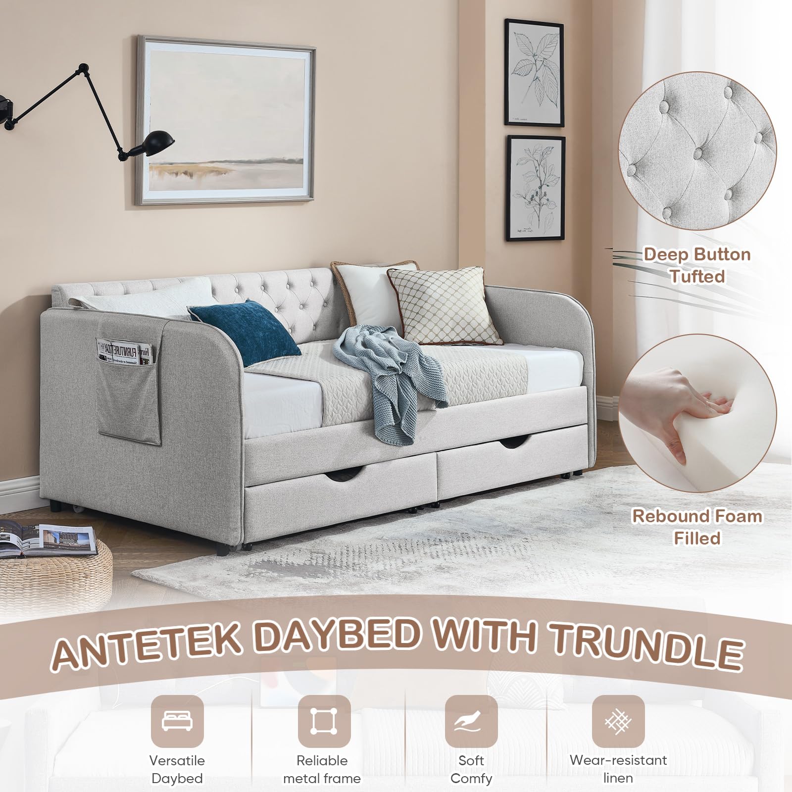 80.5" Tufted Linen Daybed with Trundle and Storage Drawer