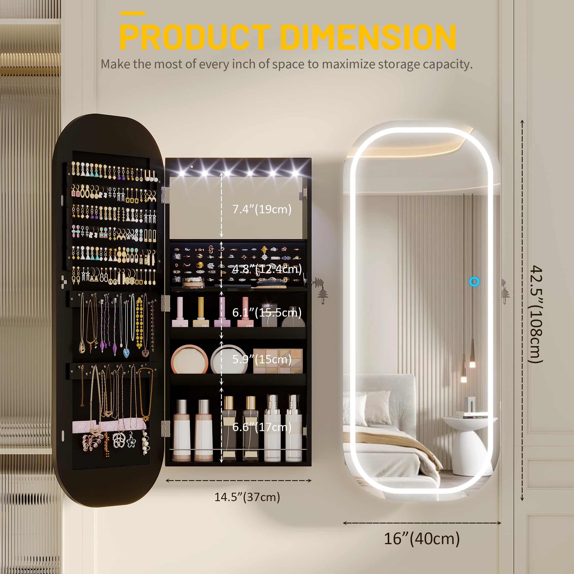 LED Mirror Jewelry Cabinet with Wall Door Mount Storage