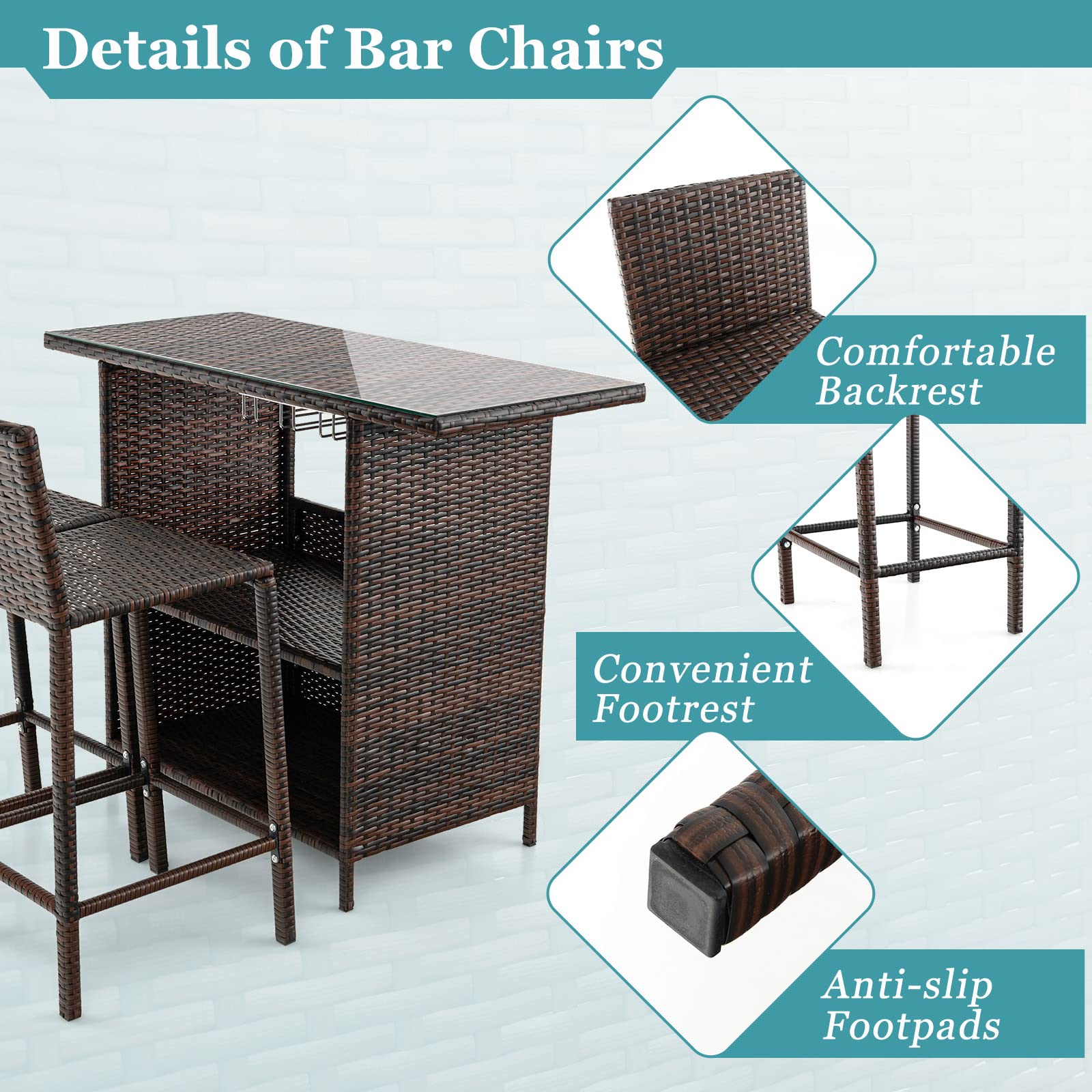 3-Piece Outdoor Bar Set with Stemware Racks