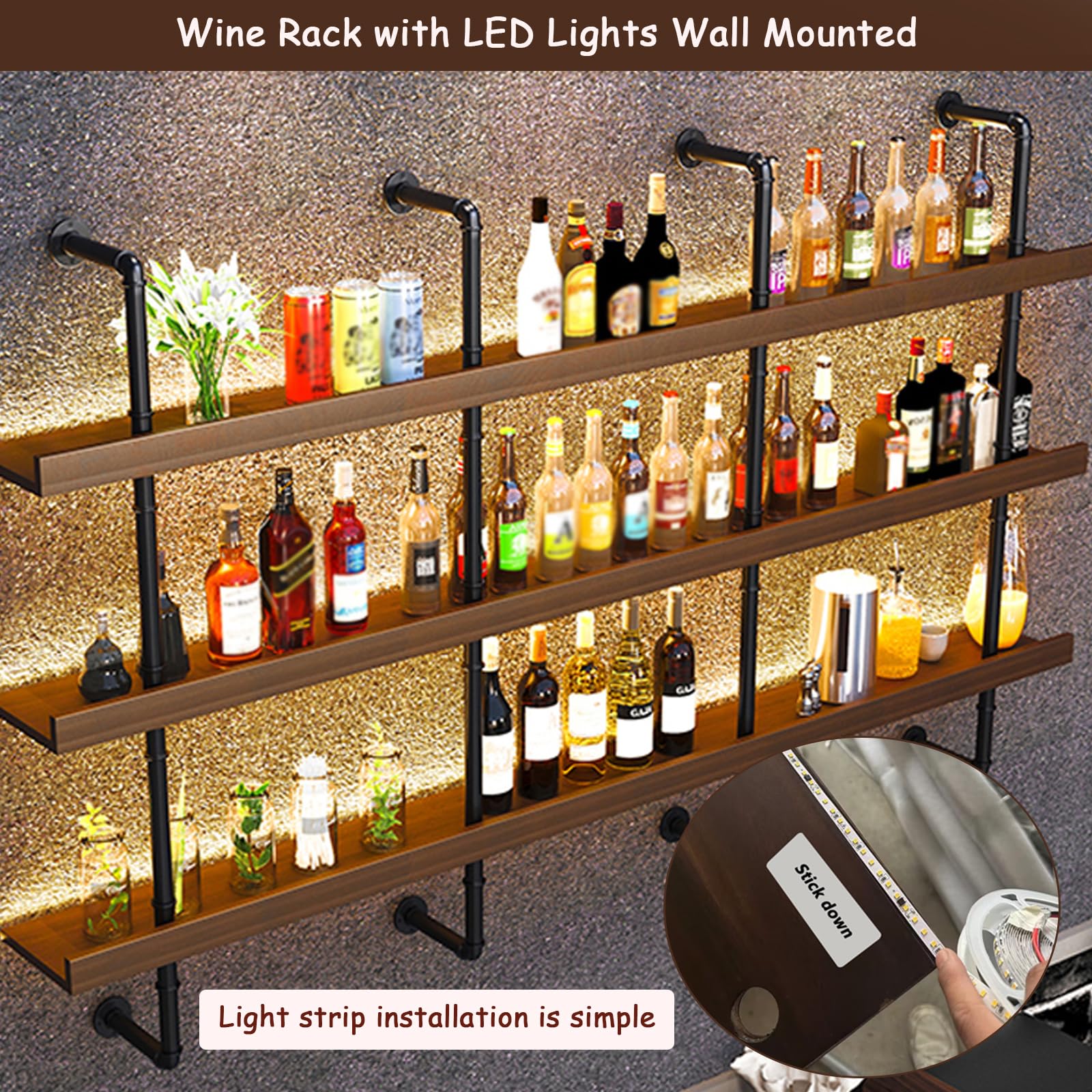 Large Wine Rack with LED Light - 3-Tier Wall Mounted Floating Shelves