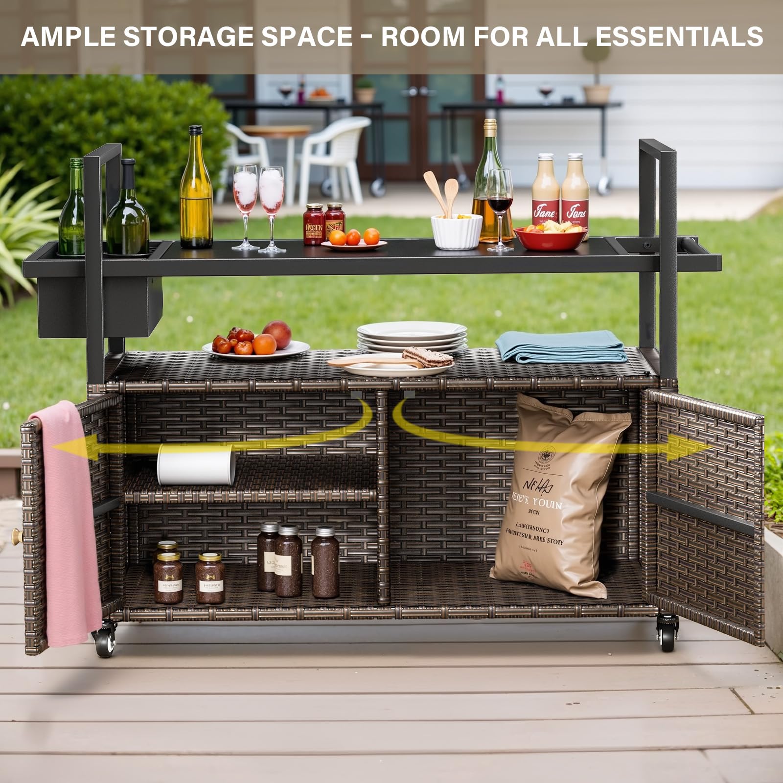 Wicker Outdoor Bar Cart with Storage Cabinet