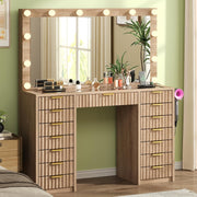 15 Drawer Fluted Vanity Desk with Glass Top and LED Mirror