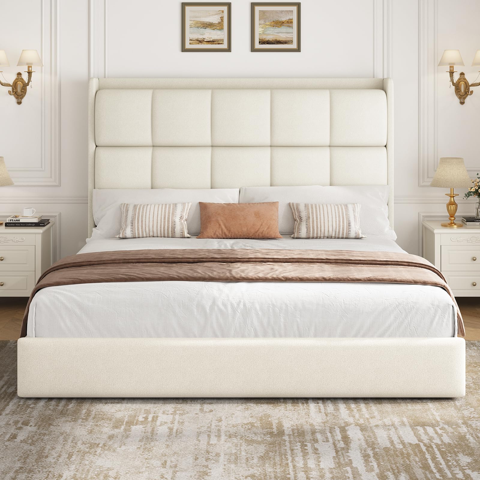 King Size Upholstered Platform Bed Frame with Tall Wingback Headboard