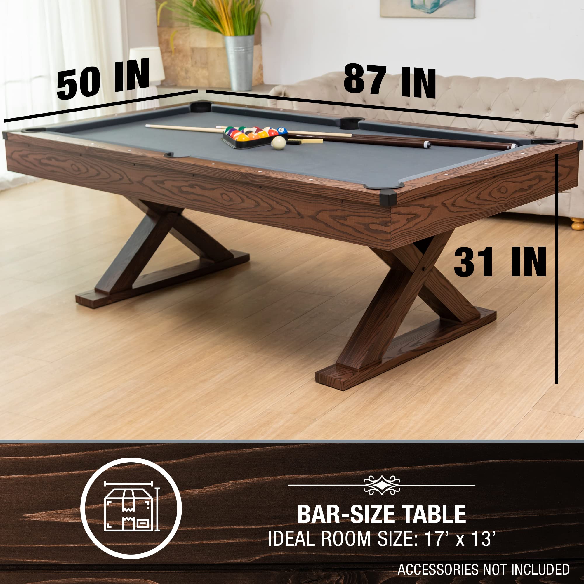 87-Inch Rustic Pool Table with X-Leg Design