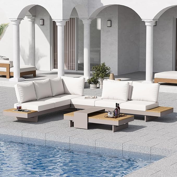 6 Piece Aluminum Teak Patio Sectional Sofa Set with Adjustable Backrests