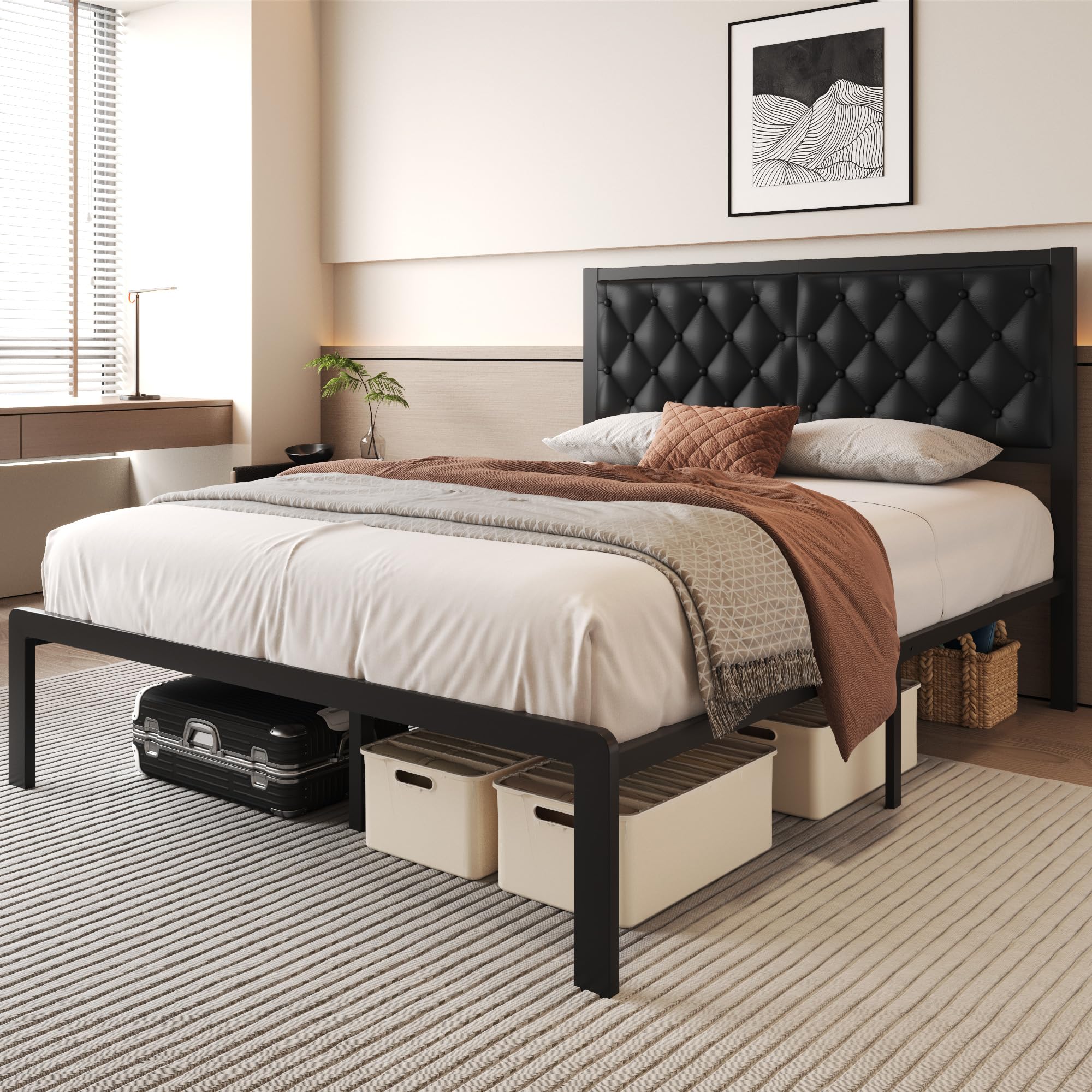 Queen Bed Frame with PU Leather Upholstered Headboard