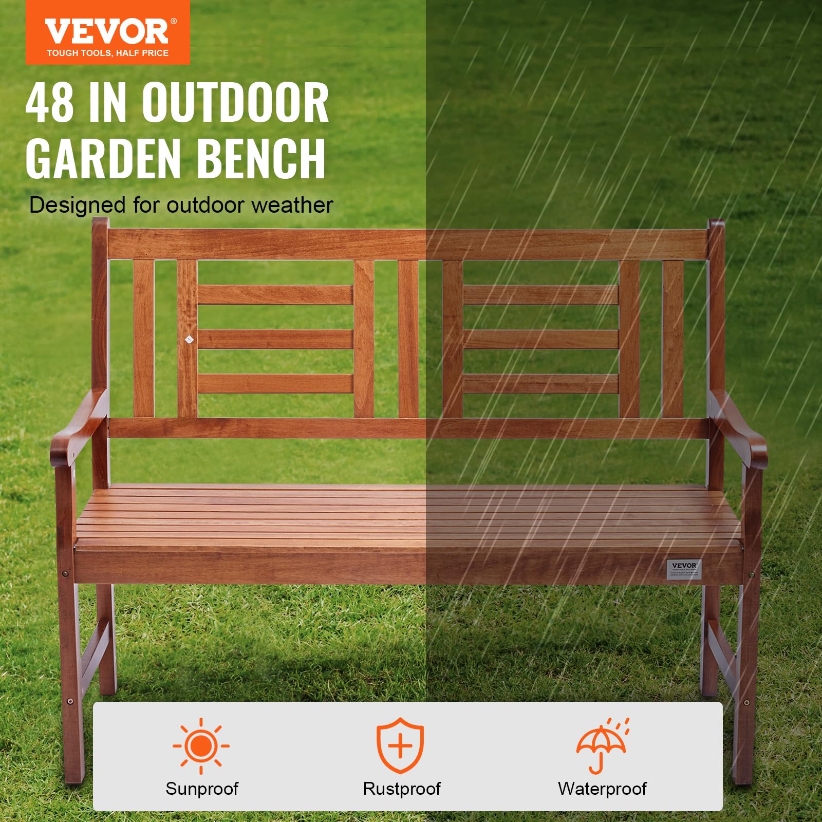 48-Inch Wood Outdoor Garden Bench with Backrest and Armrests