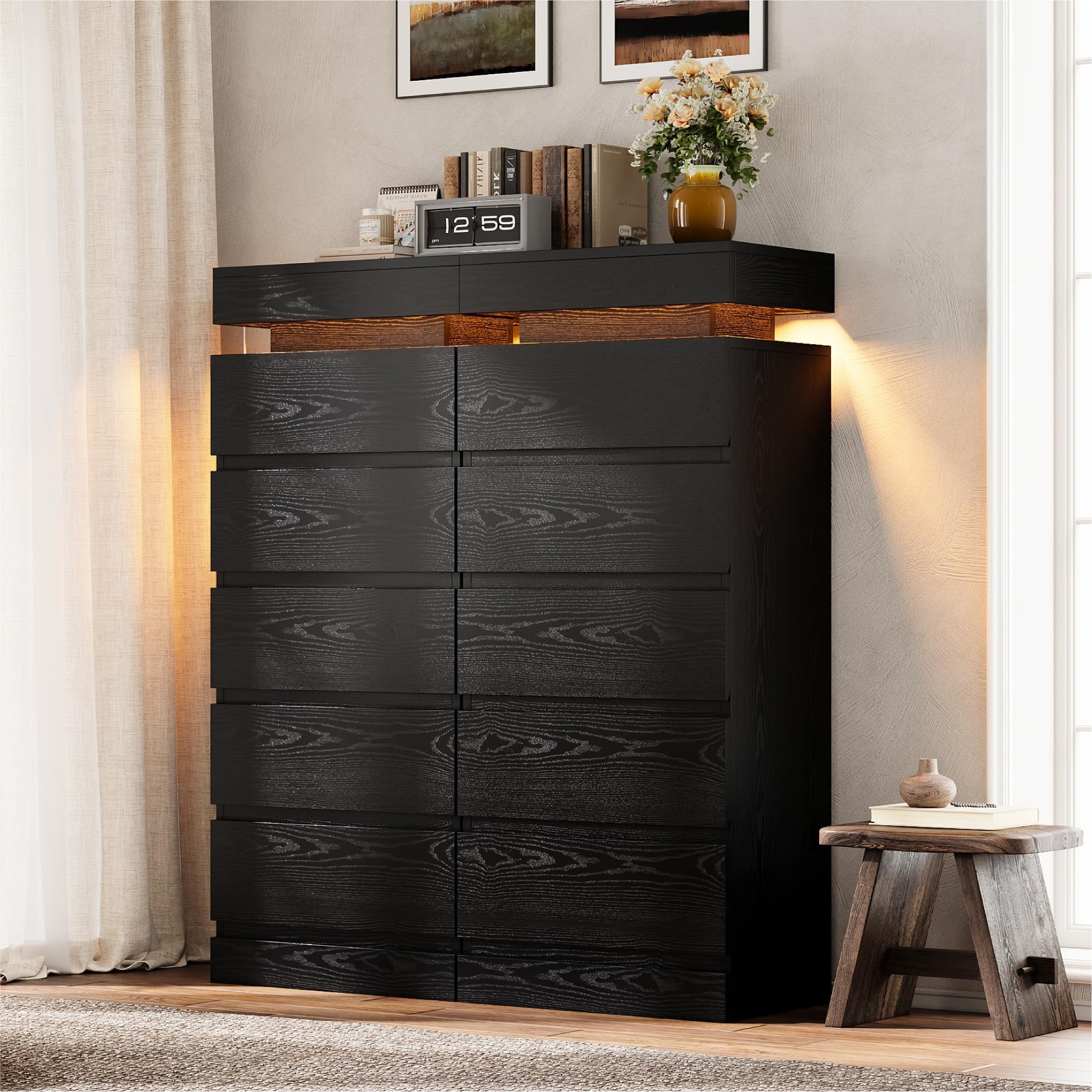 54" Tall 5 Drawer Dresser with LED Light and Power Outlet