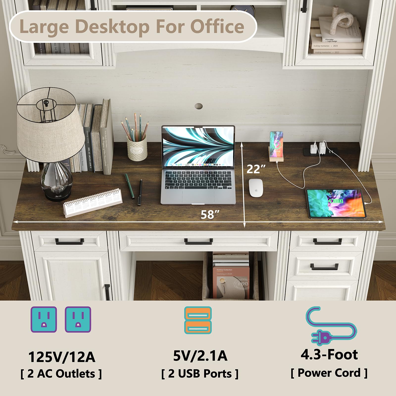 76" Farmhouse Executive Desk with Hutch and Charging Station