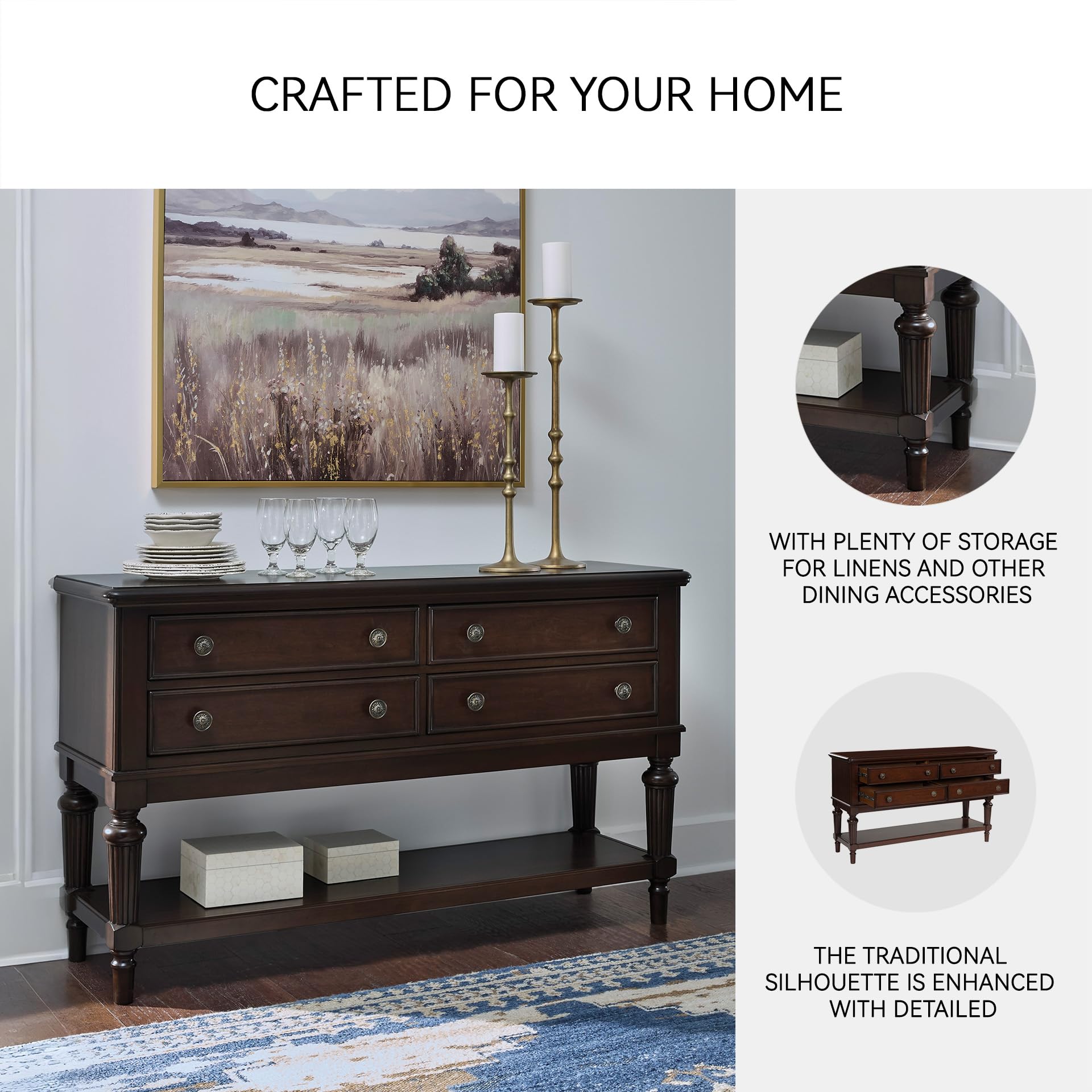 Classic 4-Drawer Dining Server with Open Shelf