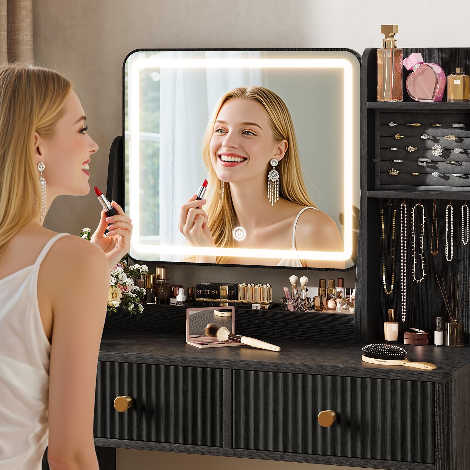 Fluted Vanity Desk with Mirror and Lights