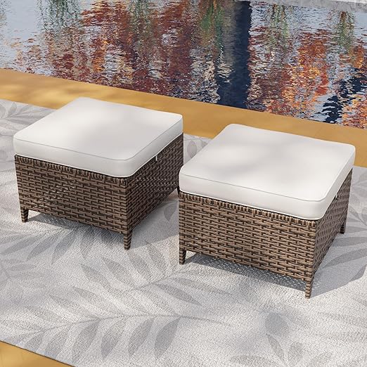 Wicker Outdoor Ottomans Set of 2 with Removable Cushions