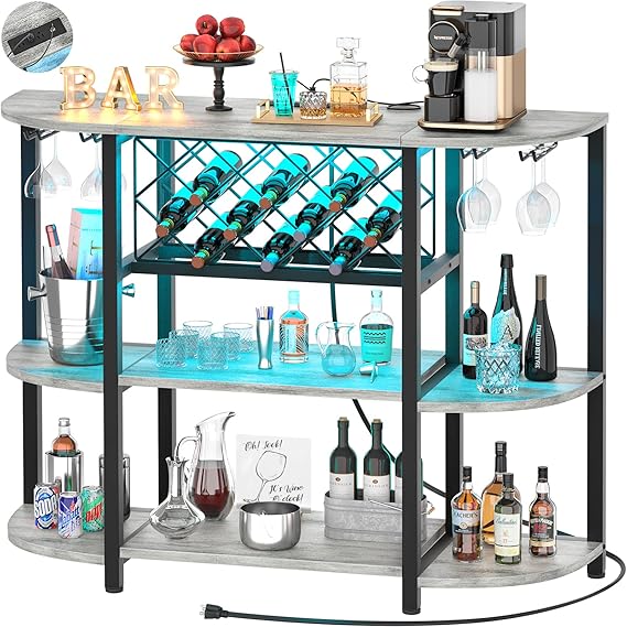 Wine Bar Cabinet with LED Light and Charging Station