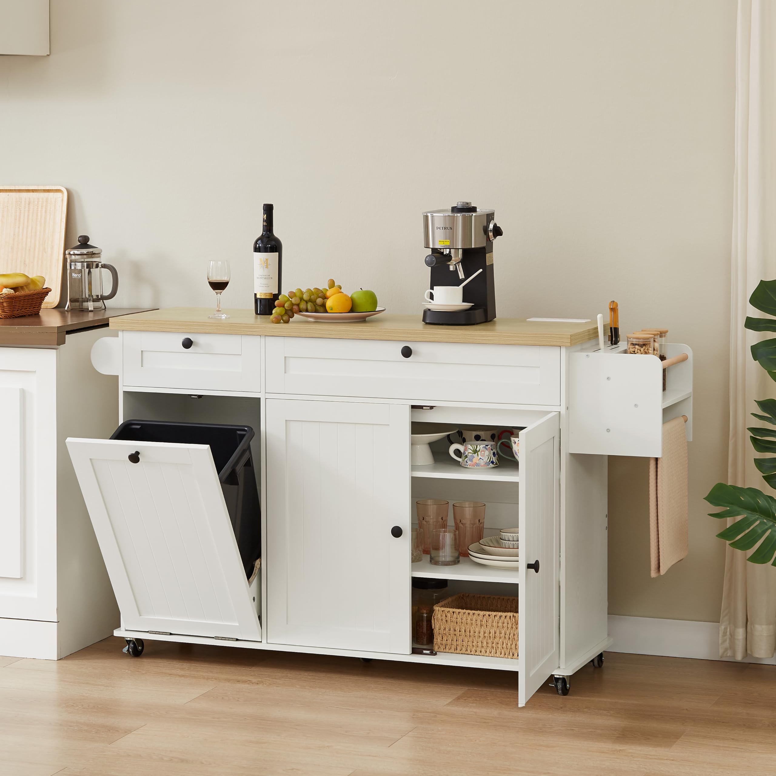 60" Kitchen Island with Power Outlet and Drop Leaf