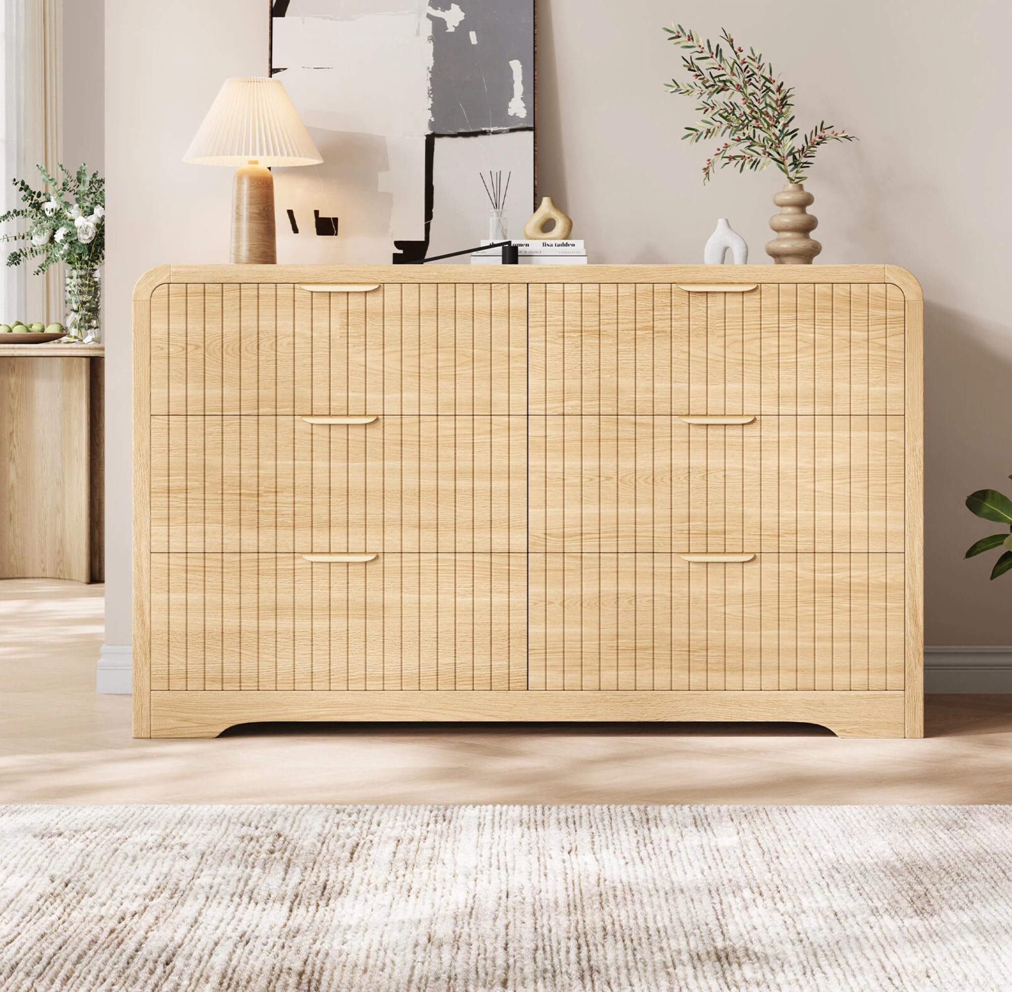 Modern 6 Drawer Dresser with Curved Fluted Design
