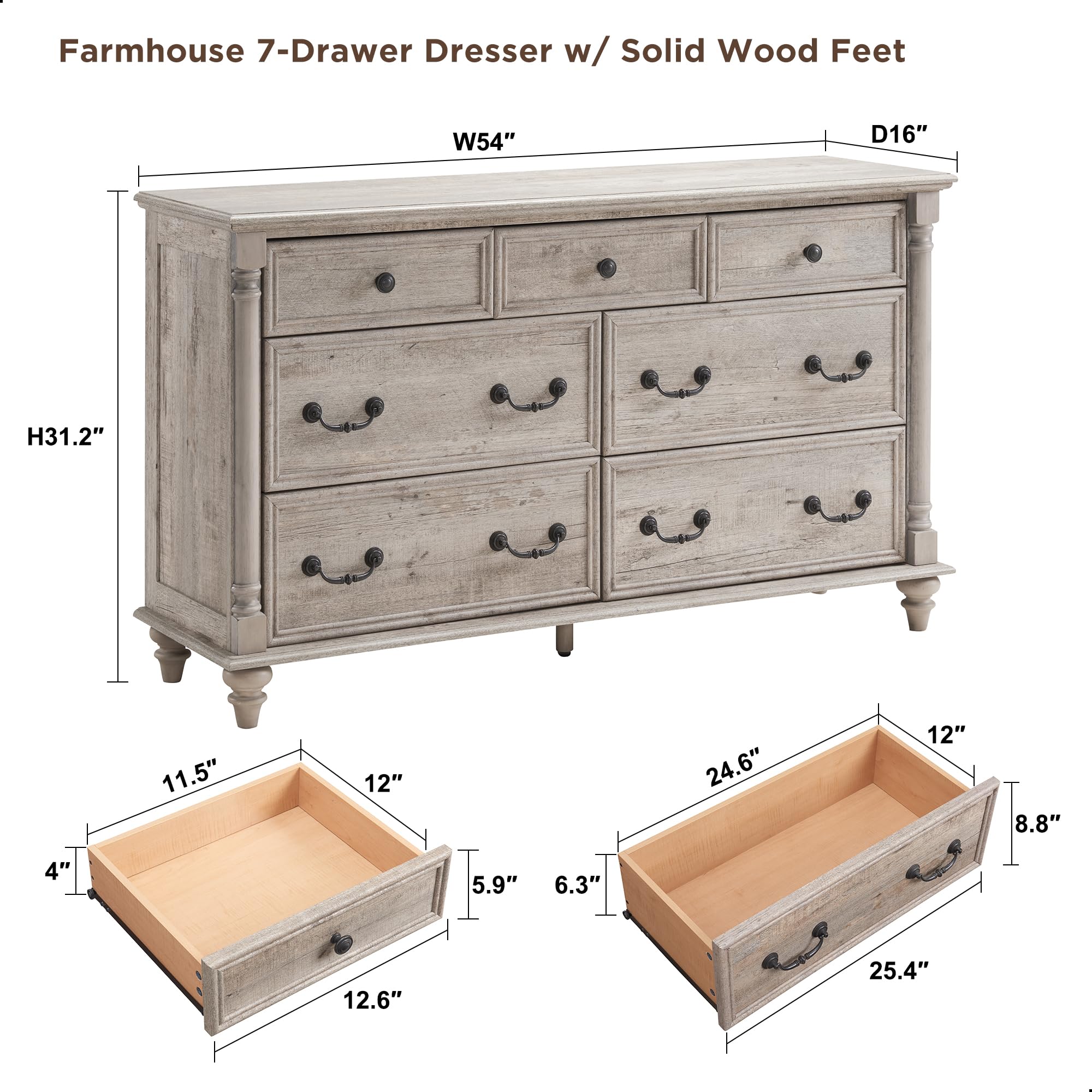 7-Drawer Farmhouse Dresser with Solid Wood Feet