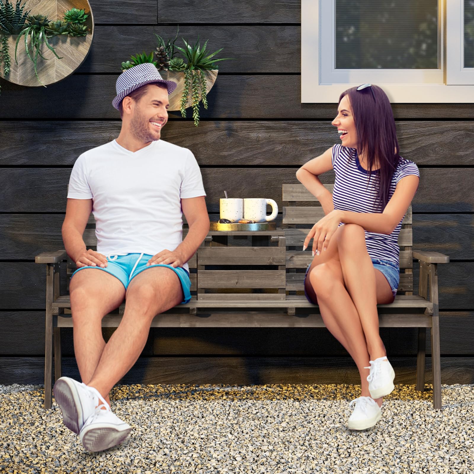 Foldable Outdoor Fir Wood Bench with Middle Table
