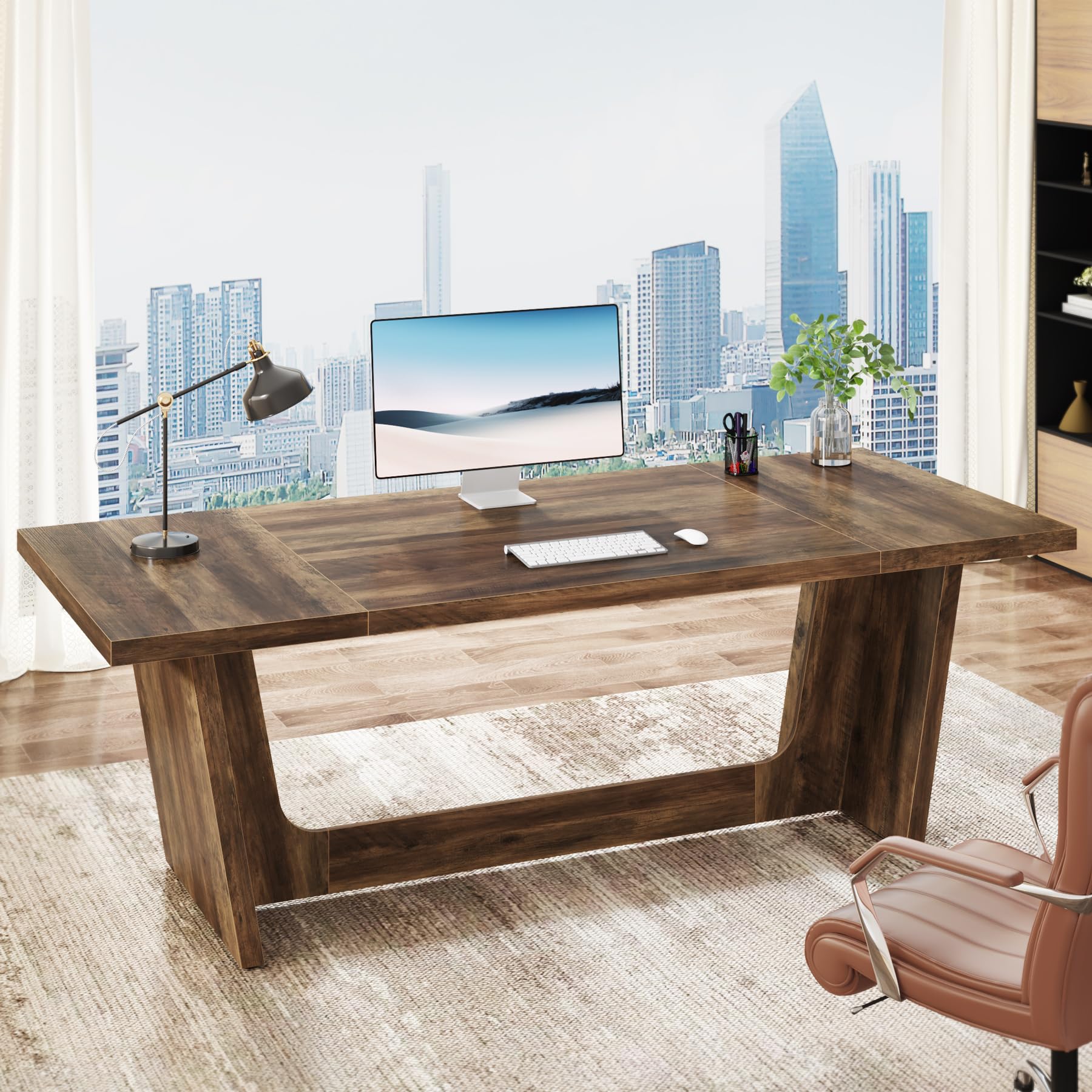 70.87-Inch Executive Desk with Wooden Pedestal