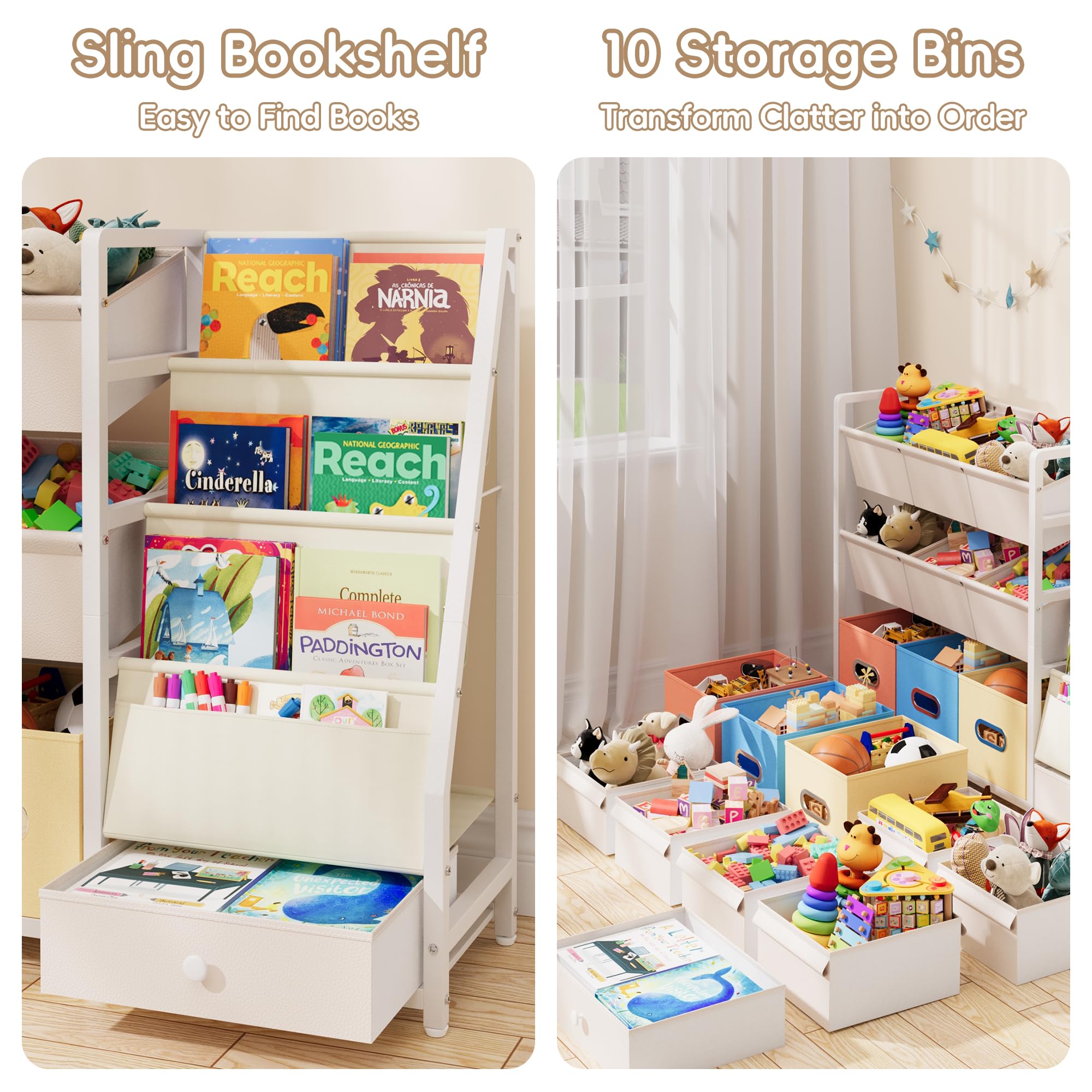 HAVLOTII Toy Storage Organizer - Kids Bookshelf and Toy Storage with 3 Book Shelf and 10 Storage Bins, Montessori Playroom Storage for Toddler, Baby, Book Shelf for Kids Rooms